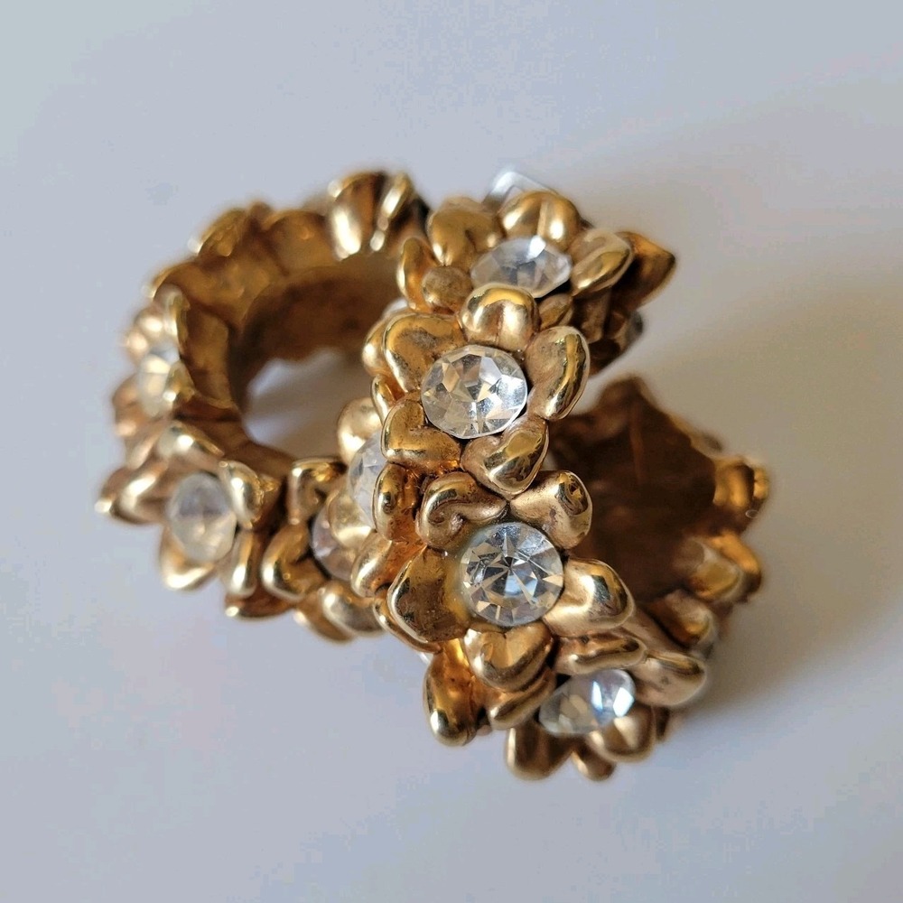 Vintage Alexis Lahellec Paris Clip On Earrings Rhinestone Flower‎ Hoop Statement